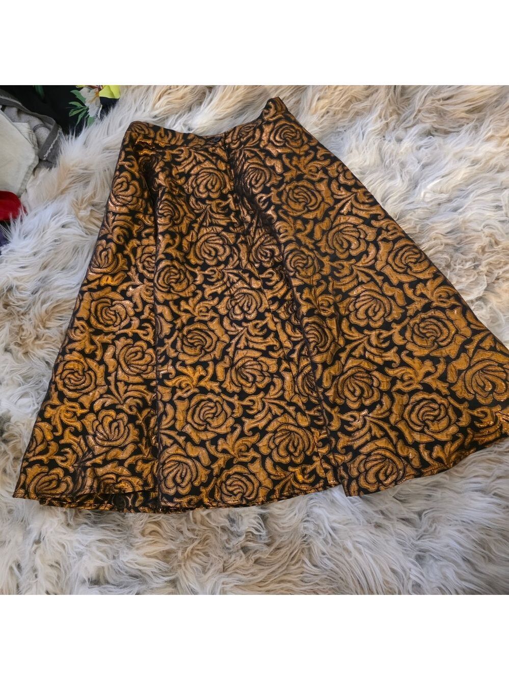 Bettie Page Black and Copper Floral Brocade A-Line Skirt